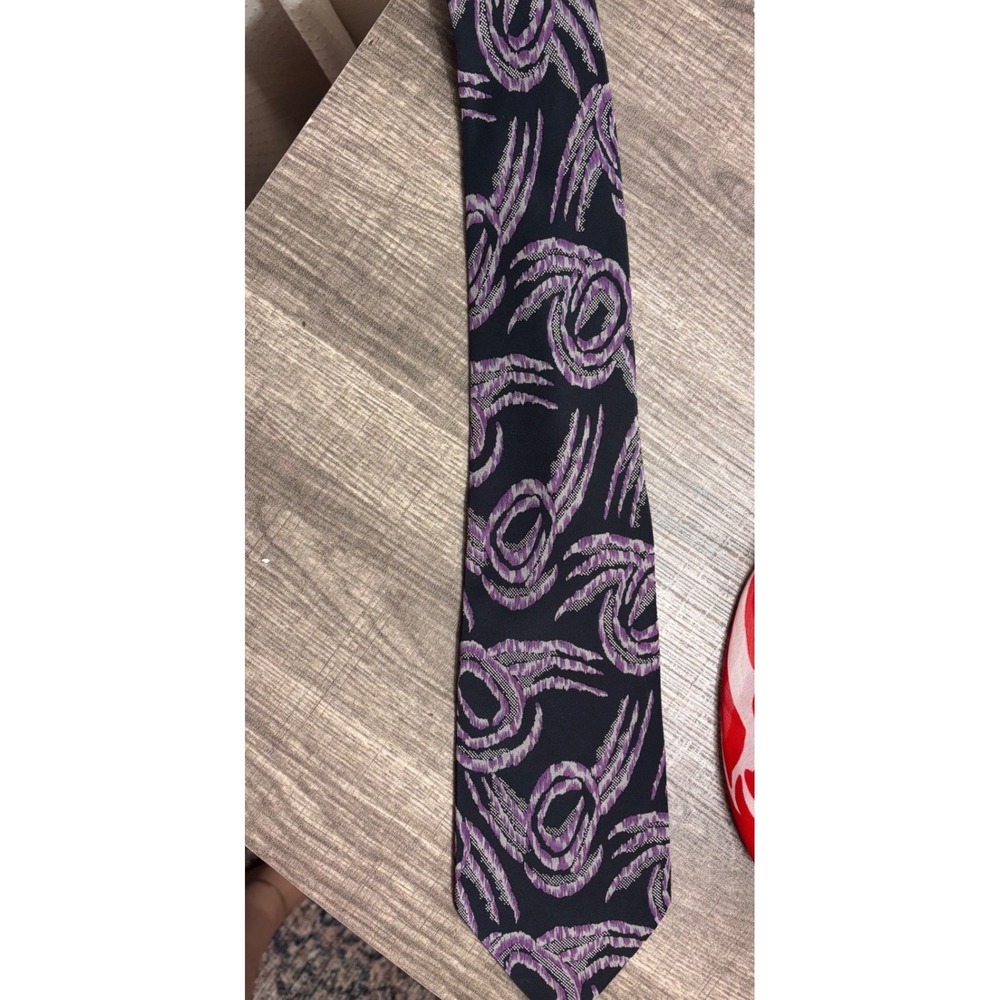 Brandini Mens Silk Necktie Purple Black Abstract Swirl Graphic Print Classic Tie